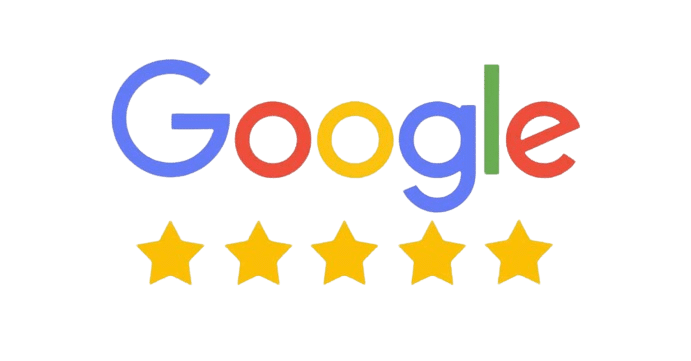 Google-Logo mit fünf gelben Sternen darunter, das eine Fünf-Sterne-Bewertung für Gartengestaltungs- und Gartenpflegedienste anzeigt.